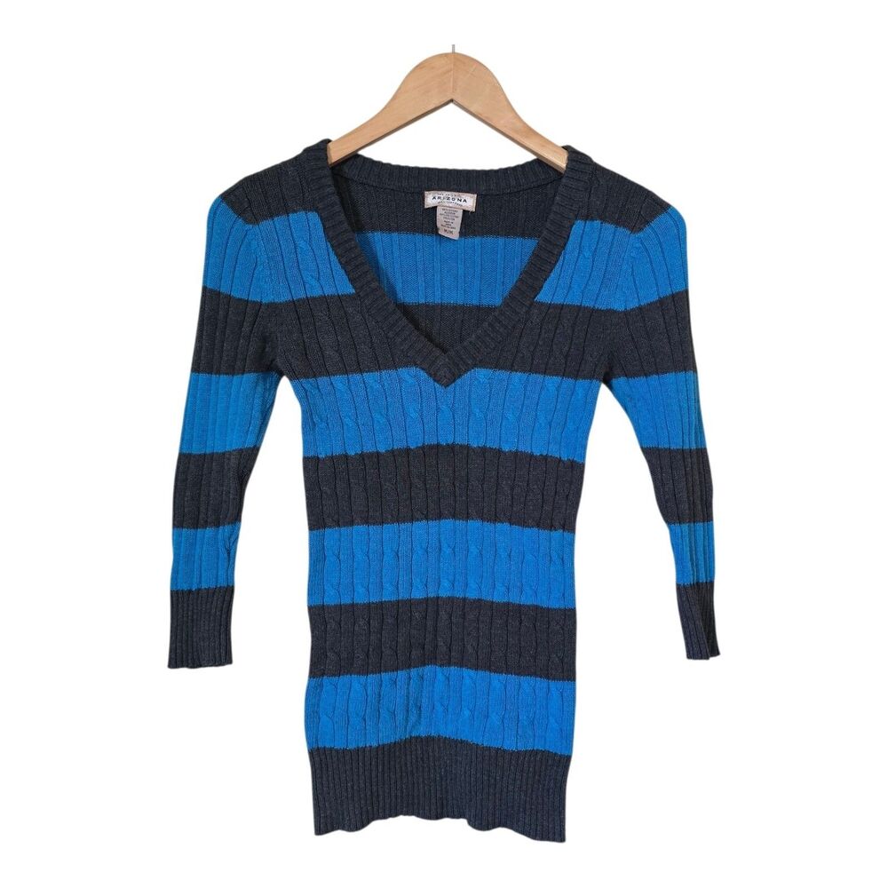 Arizona Jean Co Juniors Medium V-Neck Cable Knit Striped Sweater Blue Grey Y2K